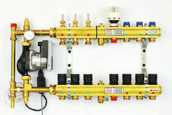 Žalvarinis reguliuojamas kolektorius FBH (8 GŠ + 3 RŠ) mazgu grindiniam radiatoriniam šildymui